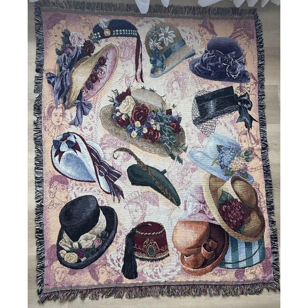 Tapestry Throw Blanket Vintage Style Hats Fringe Shabby Chic Grannycore 48x60 in